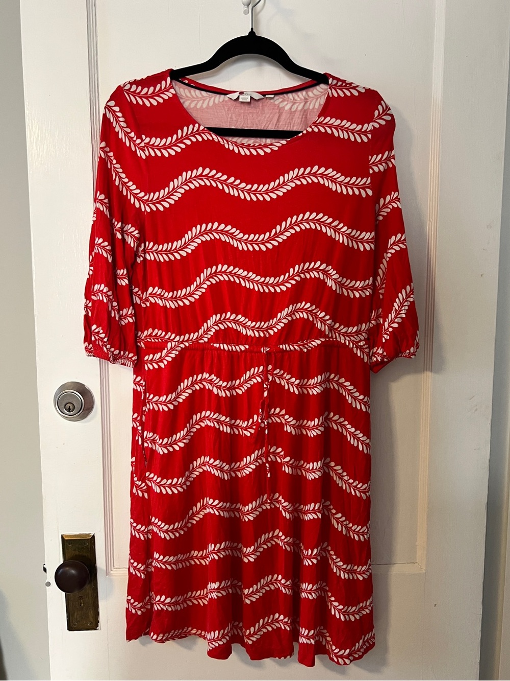 Boden Talia Jersey Dress Red Pop Vine Leaf Stripe Drawstring Pockets Size 10P